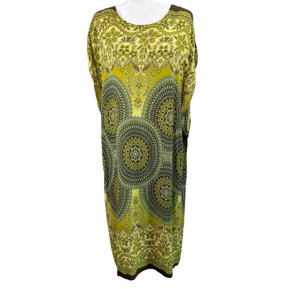Green Lightweight Mandala Floral Print Kaftan Midi Dress Cover Up Standard Size - Picture 1 of 13